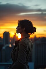 Fototapeta premium A woman in a trench coat stands on a rooftop at sunset, silhouetted against a vibrant skyline, reflecting on the day's end amidst city buildings and a colorful sky
