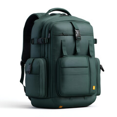 Dark green travel backpack designed with multiple pockets and adjustable straps on a white backdrop.