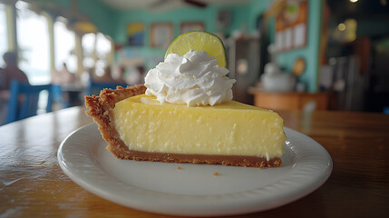 Delicious slice of key lime pie with whipped cream and lime wedge, served on a plate in a cafe setting.