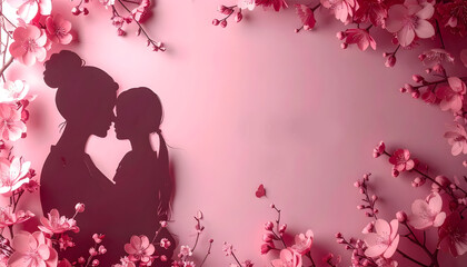 Two silhouetted figures share a tender moment, surrounded by intricate floral designs, against a soft pink backdrop, evoking a sense of warmth and affection.
