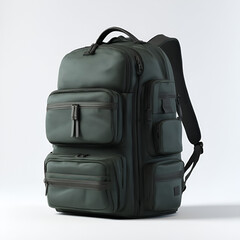 Olive green travel backpack with multiple zippered pockets on a white background, organized storage.