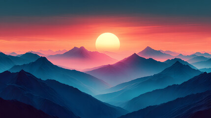Obraz premium Mountain-themed abstract background with layered peaks, sunrise gradients in coral and teal, textured brush strokes, modern minimalist layout with central blank space for travel message.