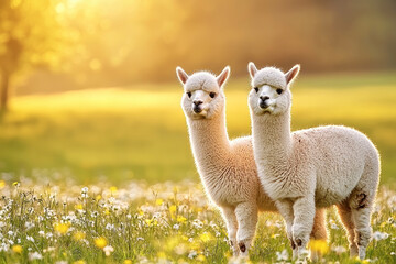 Fototapeta premium Two alpacas standing together in sunny field, surrounded by wildflowers and soft golden light
