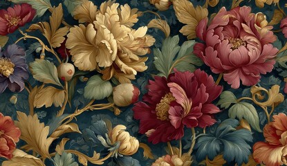 Luxurious Floral Pattern, Dark Teal Background