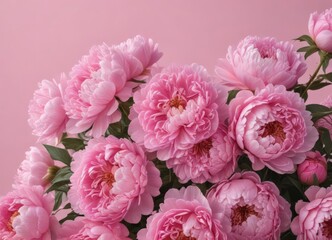 Dense cluster of pink peonies, soft pink backdrop, blossom, elegant, petals
