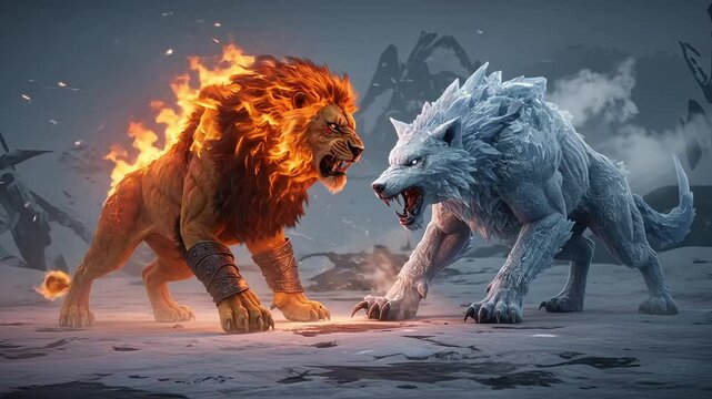  Lion with a flaming mane and  wolf in a dramatic landscape  
