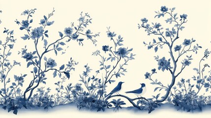 Blue floral and bird art with a soft, creamy background. For creating elegant designs, cards, or fine art prints.