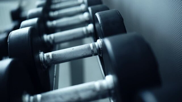 Row Of Dumbbells Arranged In The Gym, Training Weights Equipment