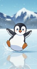 Cute penguin sliding across ice with arms spread wide, anime illustration with dynamic motion lines and pastel tones.