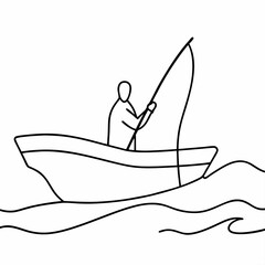Minimalist illustration depicting a fisherman on a boat fishing in the sea suitable for creative design projects