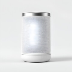 A sleek, modern cylindrical smart home speaker featuring a mesh texture and a minimalist aesthetic.