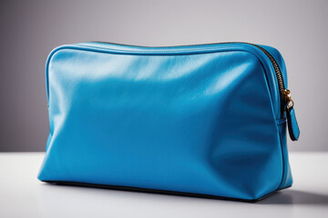 A blue toilet bag sitting on a table, ready for use