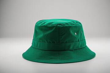 Fototapeta premium A simple green bucket hat placed on a clean white surface, perfect for still life photography or product presentation