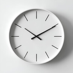 A minimalist round wall clock with a white face and black hands displays a clean and modern design.