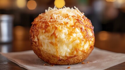 Close-up of baked cheese bun with golden crust and parmesan shavings, placed on textured linen napkin