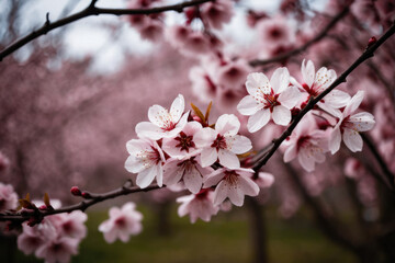 A close-up view of a branch on a tree featuring a cluster of colorful flowers