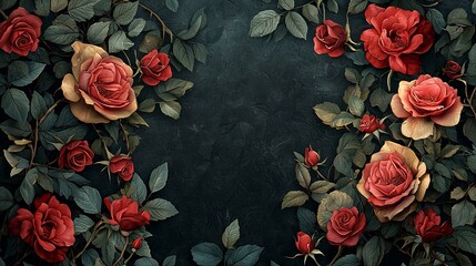 Dark background adorned with lush, red roses and green leaves, creating a vibrant floral frame