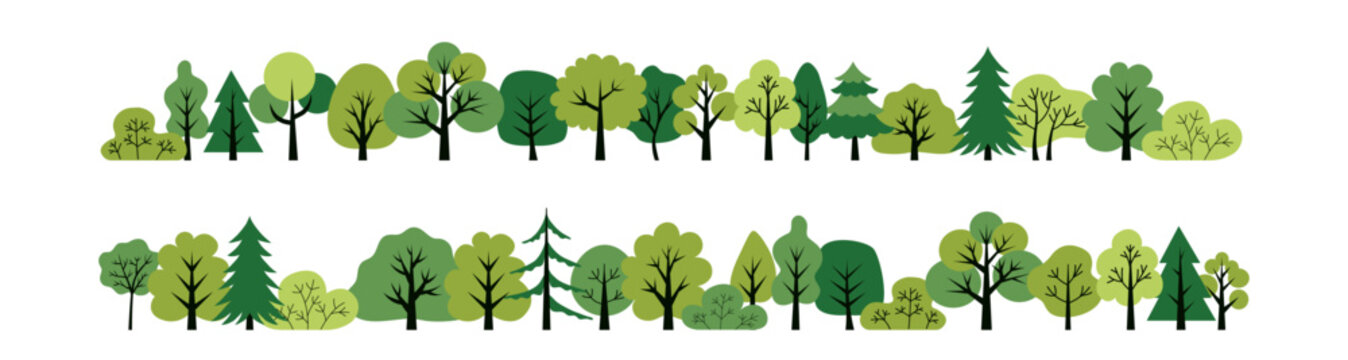 Green deciduous and coniferous trees isolated on a white background. Design concept for a poster, banner. Flat style elements. Vector illustration. Trees illustrations 