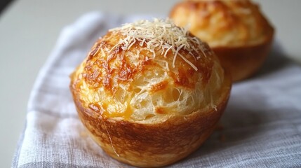 Close-up of baked cheese bun with golden crust and parmesan shavings, placed on textured linen napkin