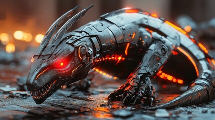 Fototapeta premium Robotic Komodo with armor plating, glowing red cybernetic eyes, background wallpaper AI generated image