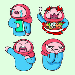 Cute cartoon set of a girl with a pink hijab showing various poses and interacting with food. Diverse character expressions.