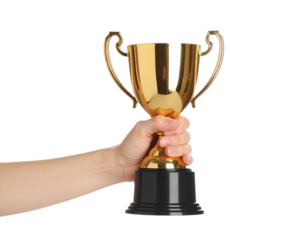 hand holding a gold trophy  cup