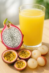 Fototapeta premium Glass of pineapple juice placed with halved dragonfruit, cut passionfruits, and peeled lychee on sunlit wooden surface