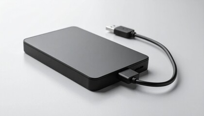 A sleek black portable storage device with a USB cable sits on a light surface, ready to use.