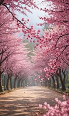 Mesmerizing swirl of pink sakura petals descending against a bokeh background of sakura trees ,  dreamy,  gentle,  ethereal