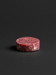 Fresh raw ground beef patty resting on dark background