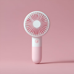 A minimalist styled white and pink portable fan stands on a pink surface casting a soft shadow