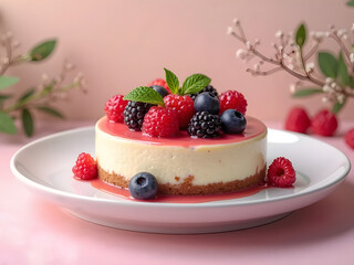 Goat Cheese Cheesecake with Berry Topping: A creamy goat cheese cheesecake topped with fresh mixed berries and mint, served on a white plate with a soft pastel background, elegant and inviting.