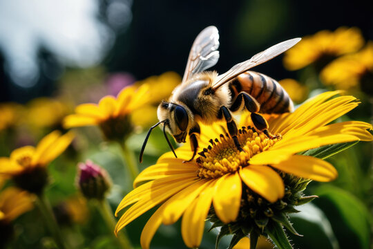 A close-up shot of a bee collecting nectar from a bright yellow flower in a lush green field
