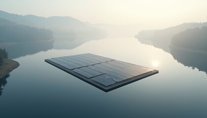 Floating Solar Panels on Calm Lake Reflecting Hazy Mountain Landscape