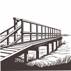 Artistic transparent black and white illustration of a bridge leading over water suitable for various design applications