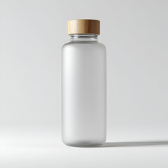 A modern frosted glass water bottle is showcased with a bamboo lid on a clean white backdrop.
