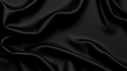 Obraz premium An abstract black background featuring luxurious black silk satin fabric. Beautiful, soft folds and gentle waves create a smooth, elegant texture.