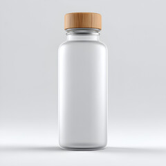 Minimalist frosted glass water bottle with a sustainable bamboo lid on a white background render.