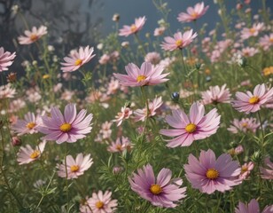 Obraz premium Cosmos flowers swaying gently in a summer breeze, showcasing their intricate details , bloom, outdoor