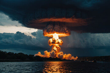 A large cloud of smoke rises above the calm waters