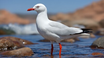 Fototapeta premium A seagull standing in shallow water near rocks on a sunny day
