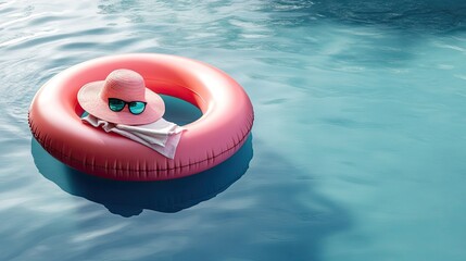 Pink inflatable pool ring with a hat and sunglasses.