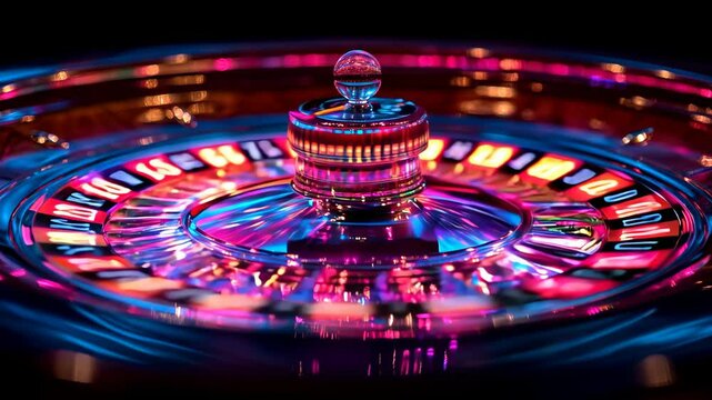 Mesmerizing dynamic neon lights illuminate spinning casino roulette wheel representing chance luck thrilling high stakes gambling and vibrant nightlife entertainment background video.