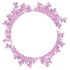 Lilac flower. A spring flower wreath, watercolor illustration. Round frame made of lilac flowers. Floral design template for wedding invitation, greeting card, notebook cover, flyer or certificate