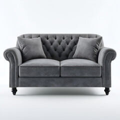 Two-seater gray sofa with tufted back, rolled arms and gray pillows against a clean white backdrop.