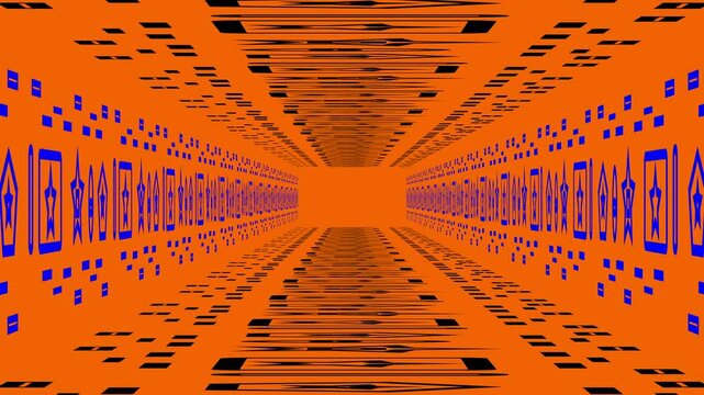 Bright orange perspective tunnel with pixel pattern spreading from the center, giving the effect of endless space. 3D animation