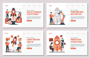 vector illustration set showcasing landing page template start-up project themes, including business growth, goal setting, teamwork, rocket launch concepts, and strategic planning for new ventures