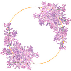 Lilac flower. A spring flower wreath, watercolor illustration. Round frame made of lilac flowers. Watercolor lilac for wedding invitation Square template for save the date, perfume or cosmetics design