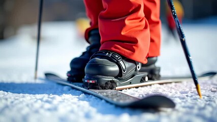 Ski boots. Close-up shot. Winter snow. Outdoor sports. Protective gear. Ski poles. Mountain adventure. Cold weather. Active lifestyle. Winter vacation. Ski resort. Alpine skiing. Black boots. Red pan - Powered by Adobe