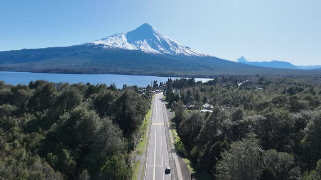 Patagonia Road In Puerto Octay Los Lagos Chile. Highway Interchange Crossing City With Traffic Jam. Snowy Tourism Glacial Blizzard. Snowy Glacier. Puerto Octay Los Lagos.